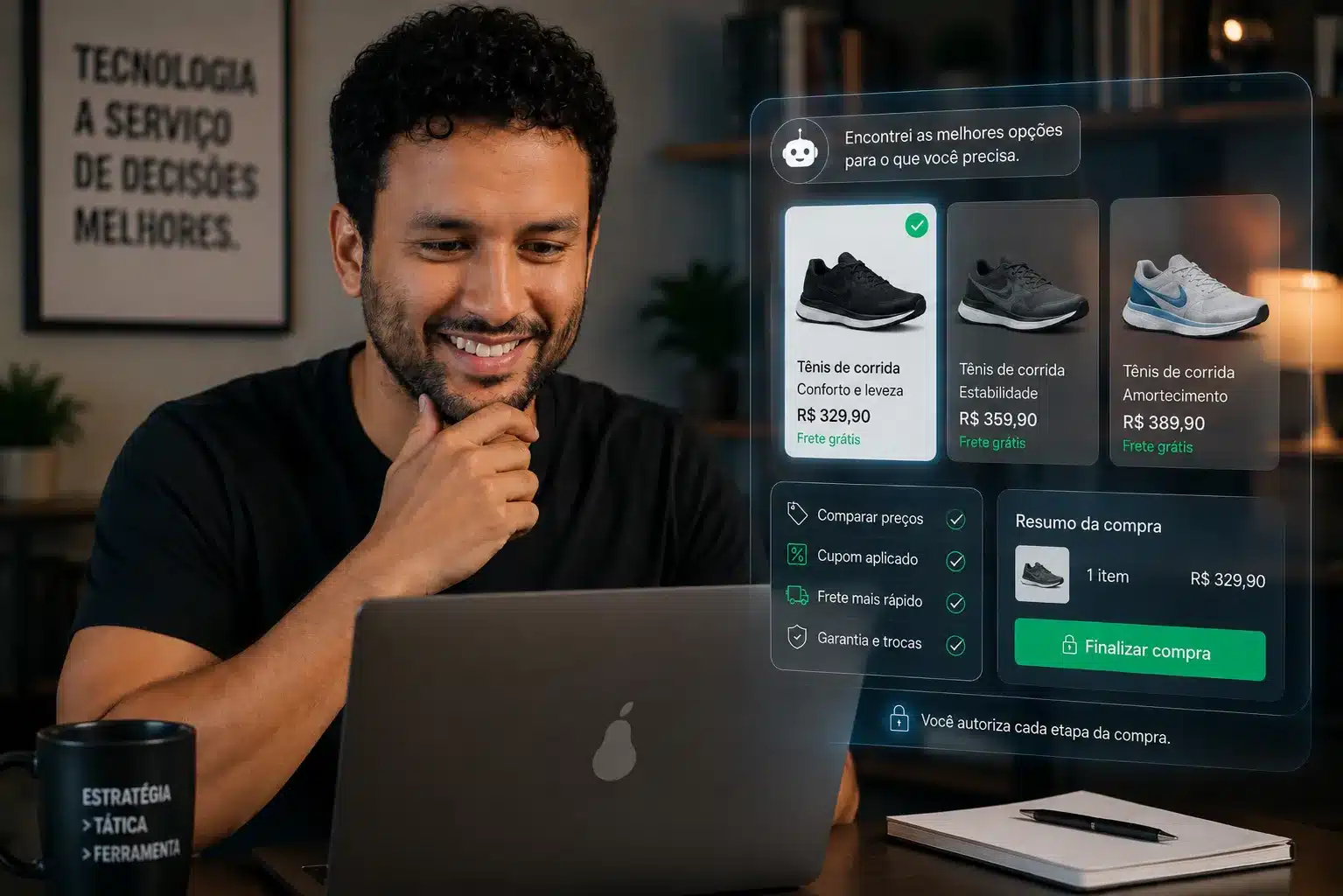 Comércio agêntico mostrando IA ajudando consumidor a pesquisar, comparar e comprar