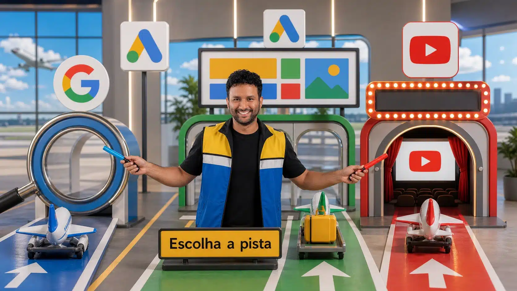 Google Ads comparando Rede de Pesquisa, Display e YouTube em mídia paga